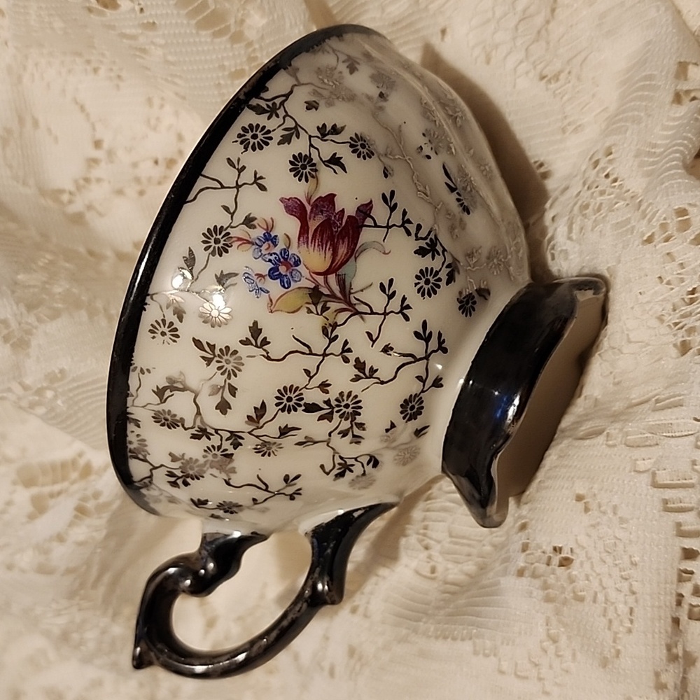 Pink/Purple Floral On Blk & White, PW, US Zone,Made In Germany, Teacup & Saucer